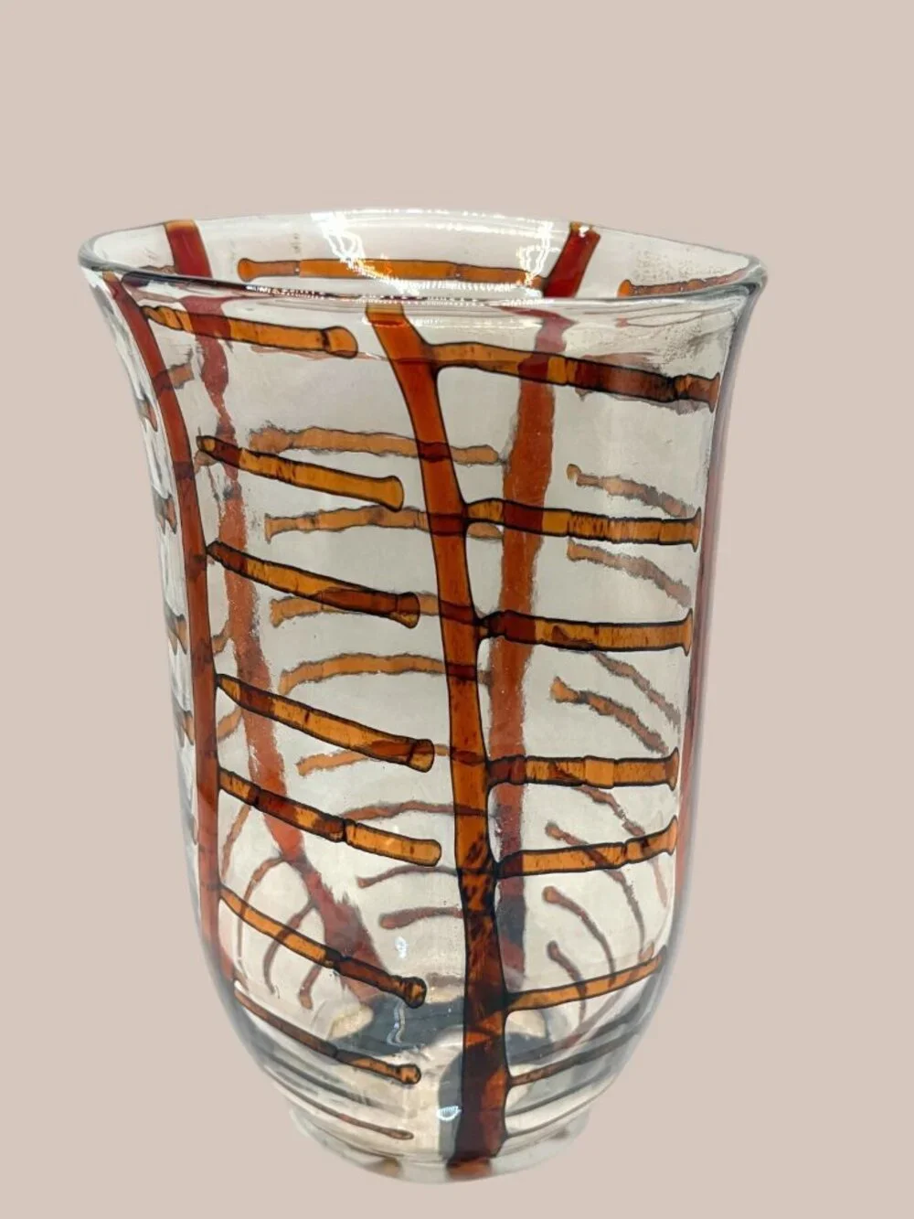 Vintage Hand Blown Studio Art Glass Vase Amber Brown Ribbon Swirl 9.5